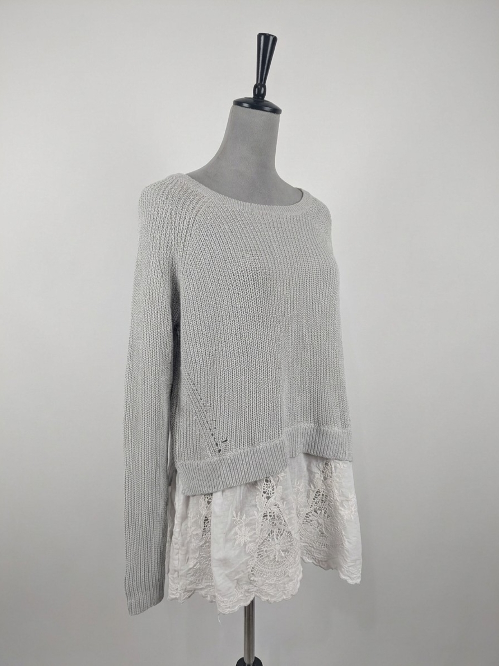 Cato Gray Knit Crewneck Sweater with White Lace Hem